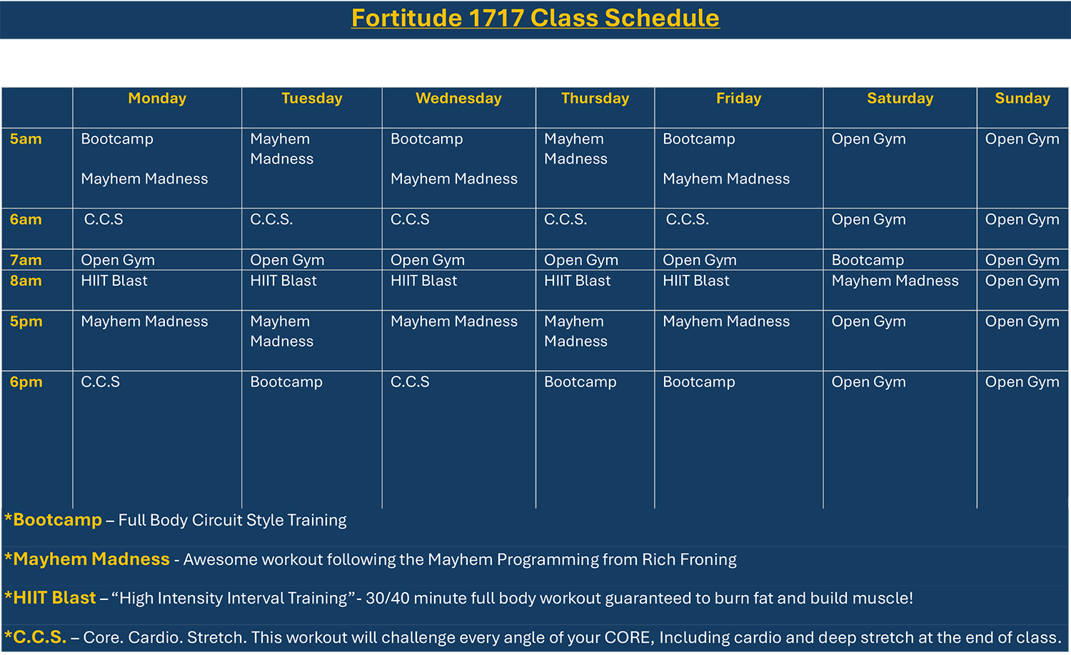 Fortitude 1717 Wellington January 2025 Class Schedule